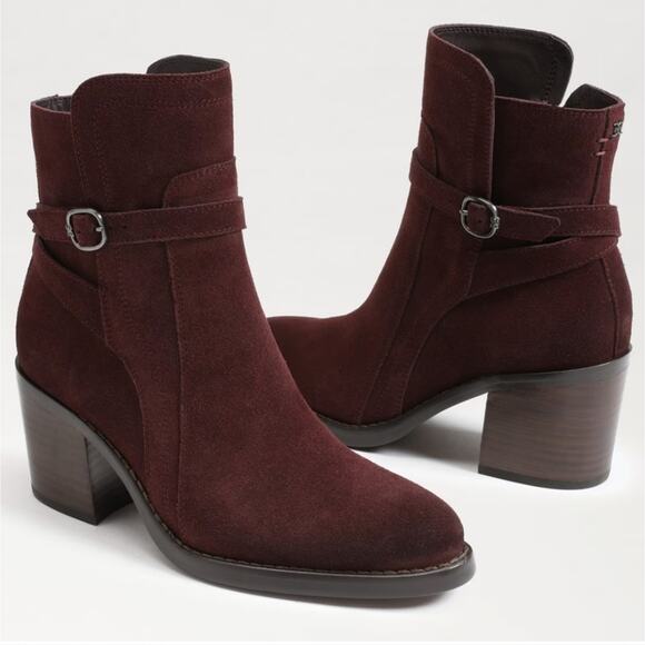 NEW Sam Edelman Simona Block Heel Burgundy Leather Ankle Bootie - Picture 2 of 12